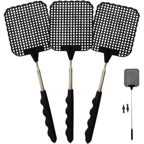 Tapette à mouches 3 pièces, tapette à mouches stable, tapette à mouches extensible, tapette à mouches manuelle télescopique en acier inoxydable, noire
