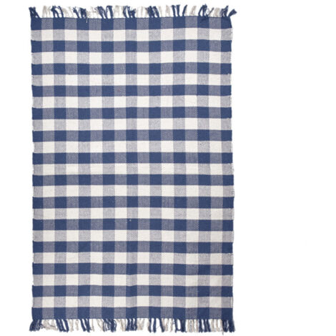 Tapis 120 x 180 cm en coton brodé à carreaux bleu et blanc – ATLAS
