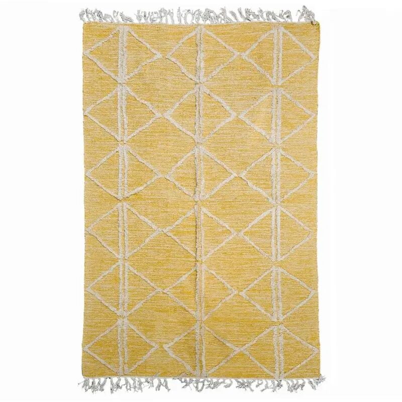 Meubletmoi - Tapis 120 x 180 cm en coton jaune avec motifs et franges écru - aliba