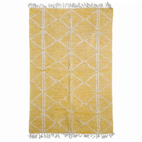 Tapis 120 x 180 cm en coton jaune avec motifs et franges écru - ALIBA