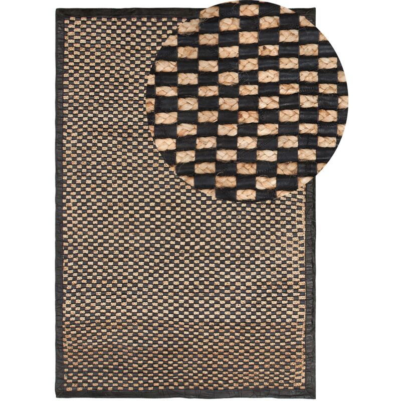 Beliani - Tapis Rectangulaire Beige et Noir en Cuir Patchwork avec Motif à Damier pour Intérieur au Style Moderne 140 x 200 cm