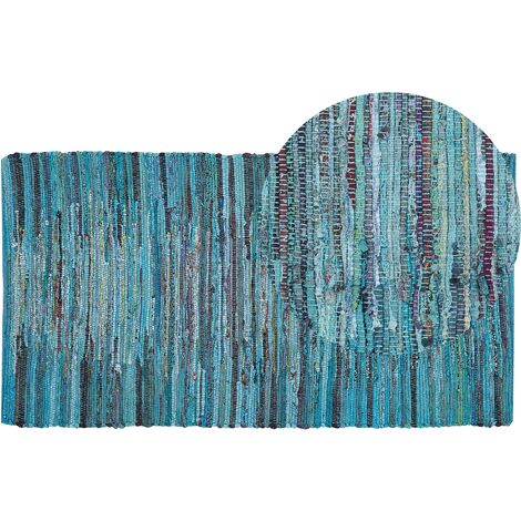 Tapis 80 x 150 cm en Coton Bleu Fabriqué à la Main en Matériaux Recyclés Mersin - Bleu