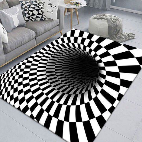 Tapis à illusion optique 3D - Antidérapant, non tissé - pour chambre à coucher, salon, bureau - Carreaux (noir et blanc)