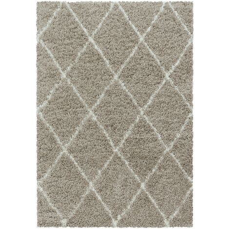 Tapis à Poils Longs Design Berbère Motif Losanges - Beige et Blanc - 120x170cm