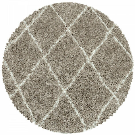 Tapis à Poils Longs Design Berbère Motif Losanges - Beige et Blanc - Rond 80x80cm