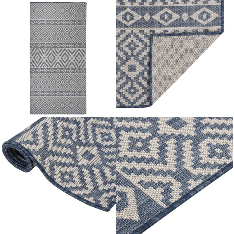 Tapis à tissage plat d'extérieur 100x200 cm Rayures bleues - Tapis Exterieur - Tapis De Terrasse - Tapis Balcon - Tapis Résistant Aux Intempéries