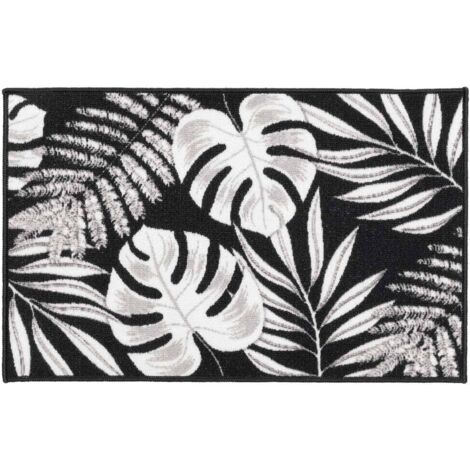 Tapis antidérapant - 50x80 cm - Feuillage noir,gris et blanc - Noir