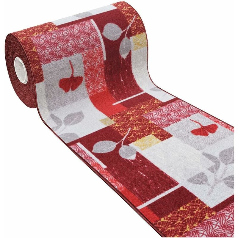 Tapis Antidérapant Cuisine Bordé Au Mètre H57 Tapis Entrée Lavable Fantaisie Feuilles - Rouge