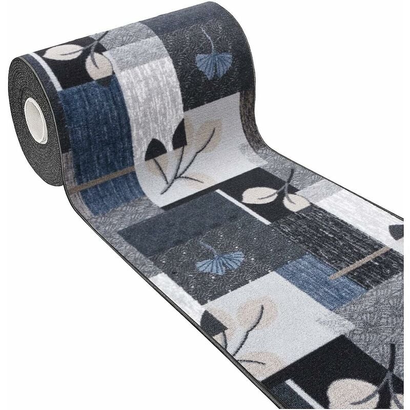 Tapis Antidérapant Cuisine Bordé Au Mètre H57 Tapis Entrée Lavable Fantaisie Feuilles - Gris