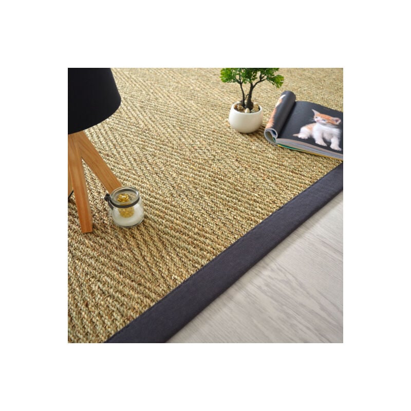 Décoweb - Tapis Jonc de mer - Assam chevron - Ganse coton anthracite - 200 x 290 cm