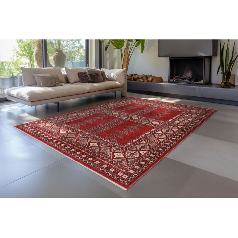 Allotapis - Tapis avec franges rouge oriental ethnique Boukara Rouge 120x170