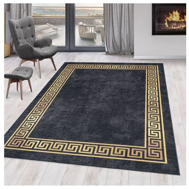 Allotapis - Tapis baroque noir lavable en machine Valencia Noir 140x200