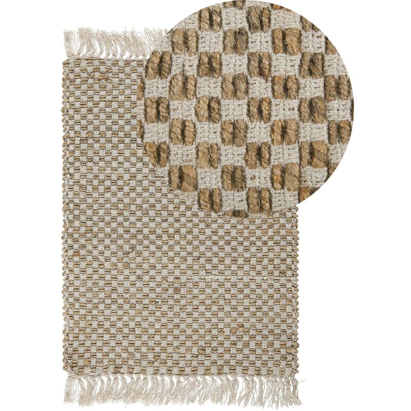 Beliani - Tapis 50 x 80 cm Beige en Jute et Coton Durable Avec Motif Carreaux pour Chambre et Salon au Style Boho et Campagne de Petite Taille