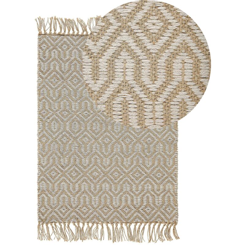 Tapis 50x80 cm à Motifs de Style Bohème en Jute et Coton Beige avec Franges pour Chambre et Salon au Style Scandinave et Campagne Beliani