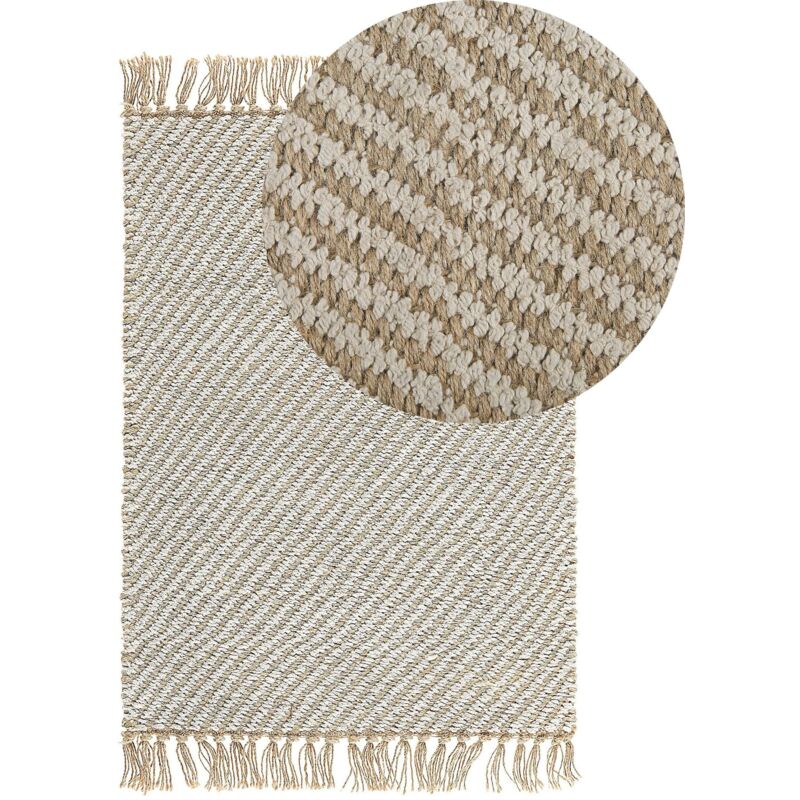 Beliani - Tapis Rectangulaire en Jute et Coton a Rayures Beiges et Blanches et Franges pour Chambre et Salon au Style Boho et Campagne cm