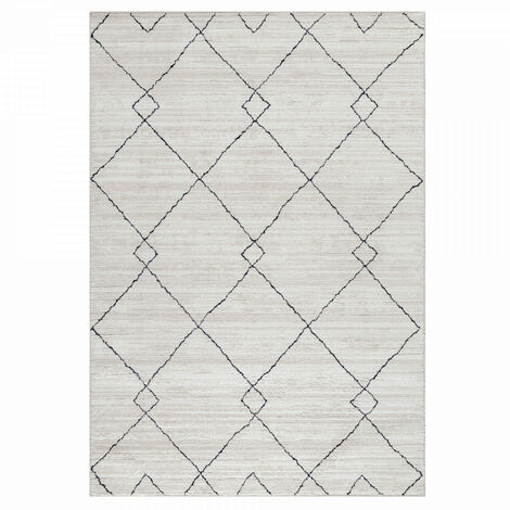 Tapis Berbère Laineux Motifs Ethnique TIZI Crème et Anthracite