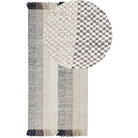 Tapis Blanc Cassé en Laine 80 x 150 cm avec Franges Fait Main Tissu Doux Emirler