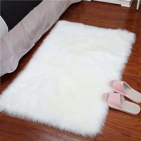 Tapis blanc, tapis de chambre en peau de mouton artificielle, tapis de lit en laine, tapis en peluche pour chaise et coussin de canapé, tapis rectangulaire (blanc, 60 x 90 cm)