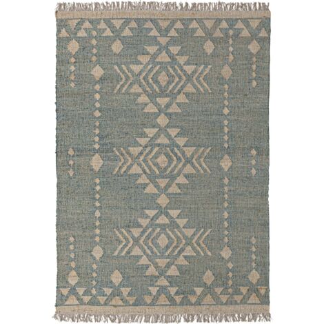 Tapis bleu classique en jute et laine finition brillante - Bleu profond naturel et beige