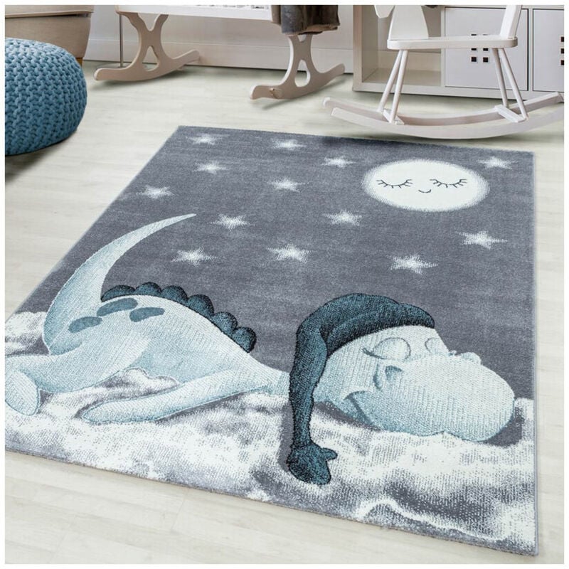 Allotapis - Tapis bleu pour chambre d'enfant rectangle Dino Bleu 80x150