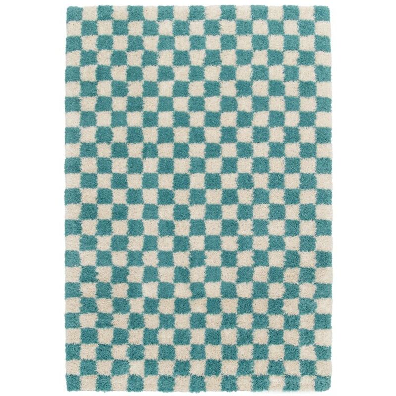 Tapis poils longs damien motifs damier 160x230 Bleu clair - Bobochic