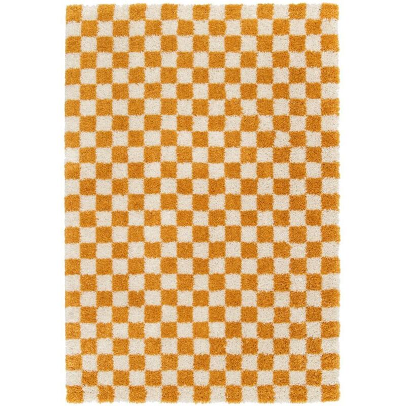 Bobochic - Tapis poils longs damien motifs damier 160x230 Jaune