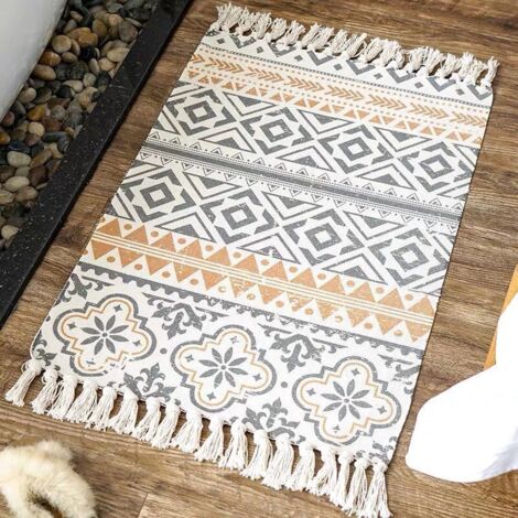 Tapis bohème de petite taille (90 x 60 cm) en coton tissé avec pompons, lavable.