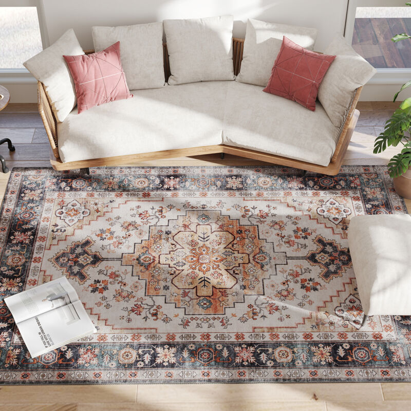 Tapis Bohémien Antidérapant et Lavable à Poils Courts pour Salon et Chambre, 230x160 cm, Marron