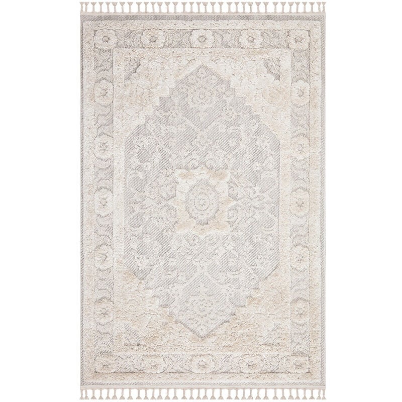 Tapis Salon Bohème Chic Franges Tressées Crème (120x170cm)