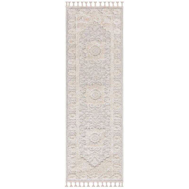 Tapis Salon Bohème Chic Franges Tressées Crème (80x300cm)