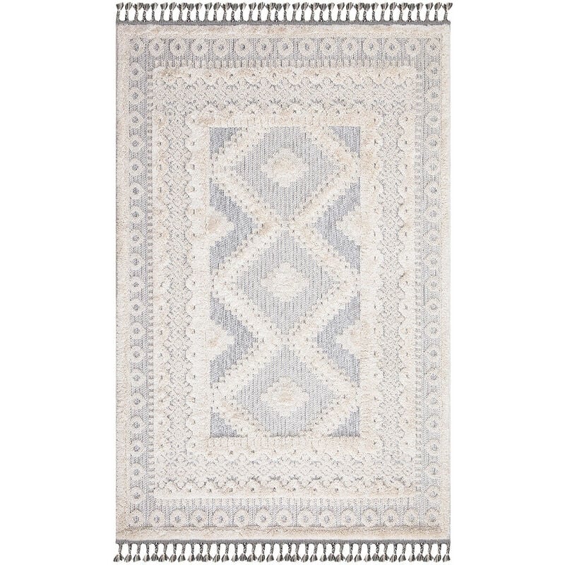 Tapis Salon Bohème Chic Franges Tressées Crème et Gris (200x200cm)