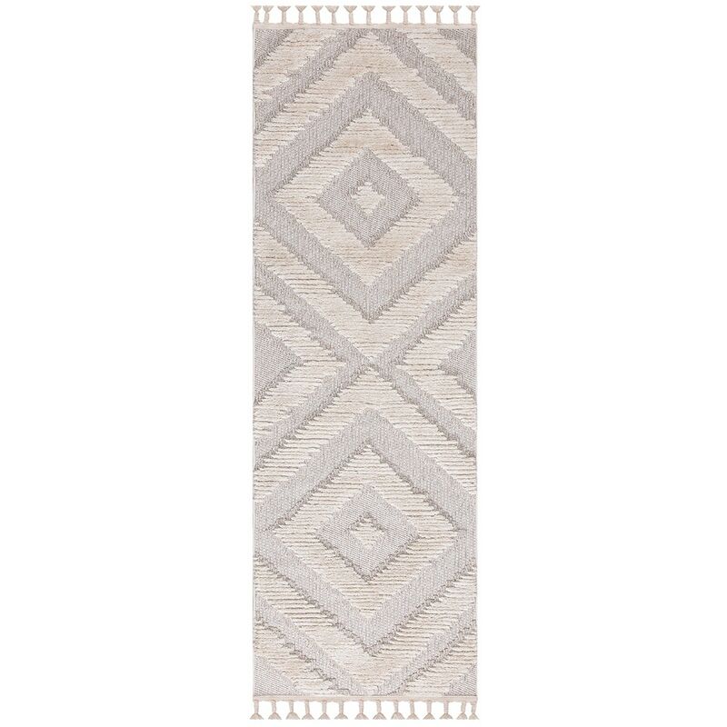Tapis Salon Bohème Chic Franges Tressées Crème & Gris Bleu (80x300cm)