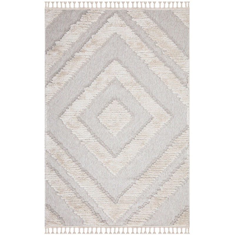Tapis Salon Bohème Chic Franges Tressées Crème & Gris Bleu (200x200cm)