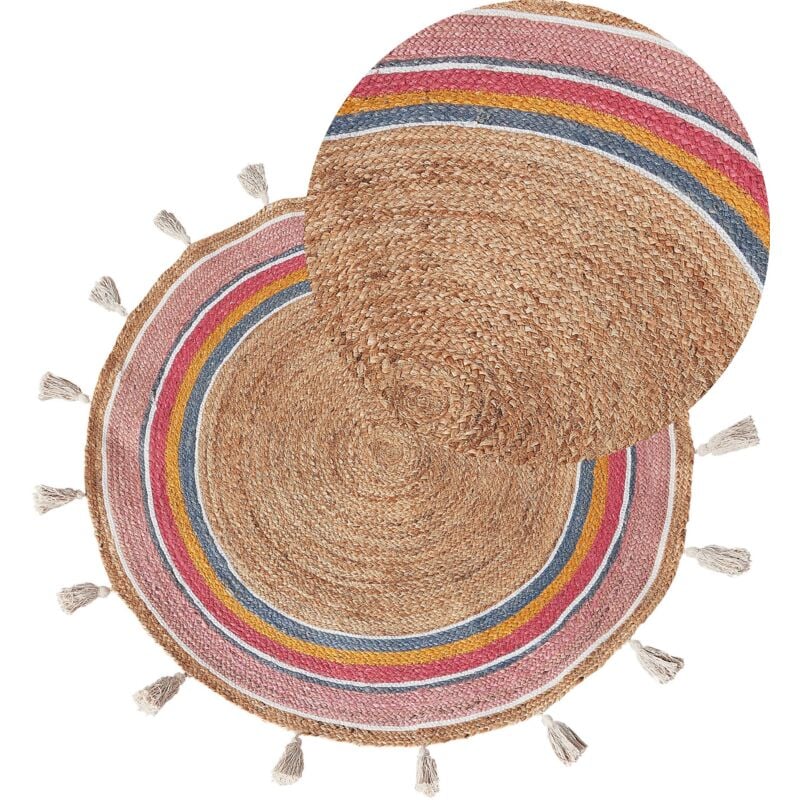 Beliani - Tapis Boho Rond Tissé Main Enfants avec Pompons Décoratifs ø 120 cm en Jute et Coton Multicolore Zanavi