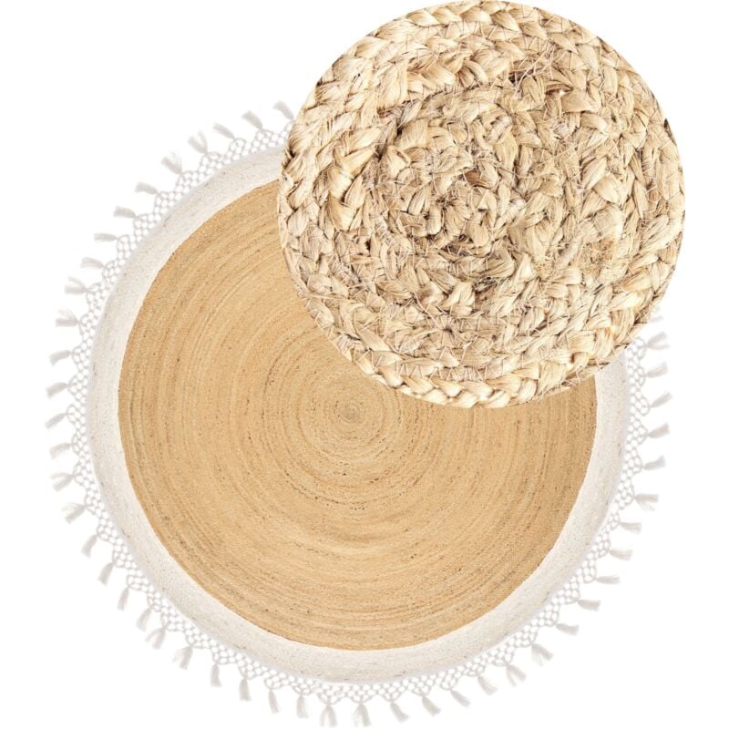 Tapis Boho Rustique en Jute 200 cm Naturel Tressé à la Main Rond Beige et Blanc Marts