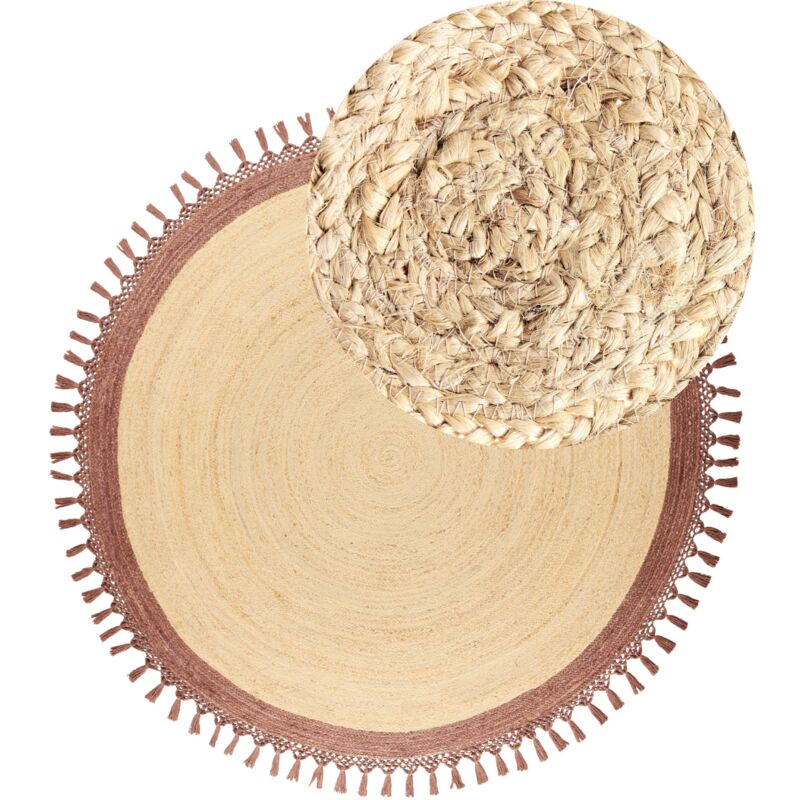 Tapis Boho Rustique en Jute 200 cm Naturel Tressé à la Main Rond Beige et Marron Marts