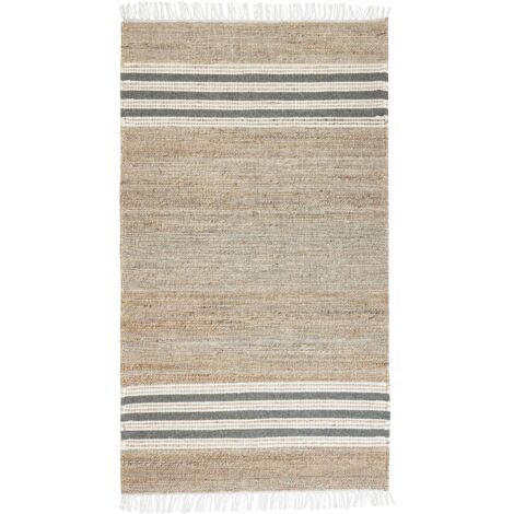 Tapis Boho Tissé à la main avec Franges 80 x 150 cm en Jute Beige et Gris Mirza