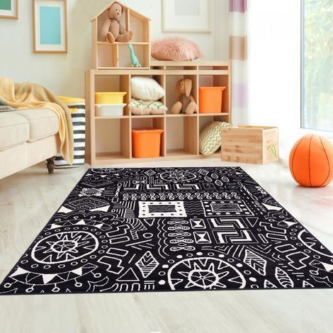 Tapis Chambre 60x110 noir rectangle tissé motif ethnique LYN1 MOTIF