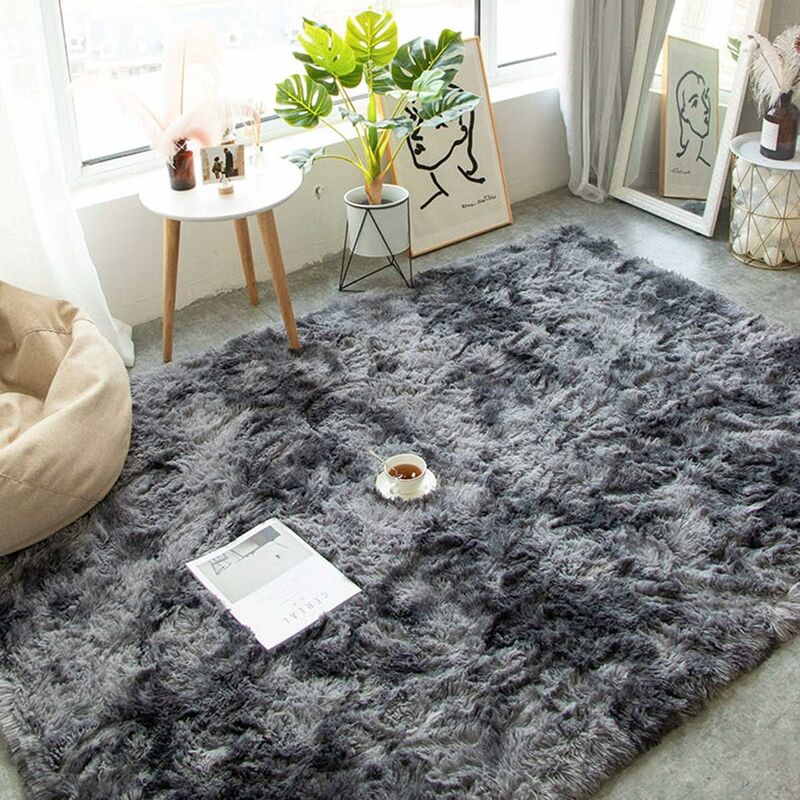 Tapis Chambre Doux Tapis Salon Fourrure Decoration Salon Antidérapant Moelleux Tapis de Salon Moderne Shaggy Tapis de Sol Grand (Noir Gris, 120 200cm)