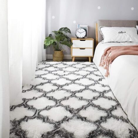 Tapis Chambre Tapis de Décoration Tapis Moelleux Tapis Shaggy Longues Soft Tapis pour Salon Tapis Antidérapant pour Salon Chambre Tapis de Plancher(Blanc, 120  160cm)