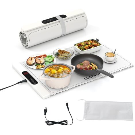 Tapis Chauffant Électrique pour Aliments Plateau en Silicone Enroulable avec Chauffage Rapide Température et Minuterie Réglables Blanc