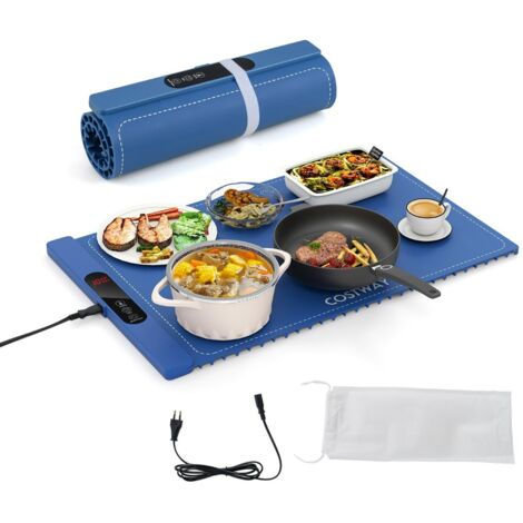 Tapis Chauffant Électrique pour Aliments Plateau en Silicone Enroulable avec Chauffage Rapide Température & Minuterie Réglables Bleu