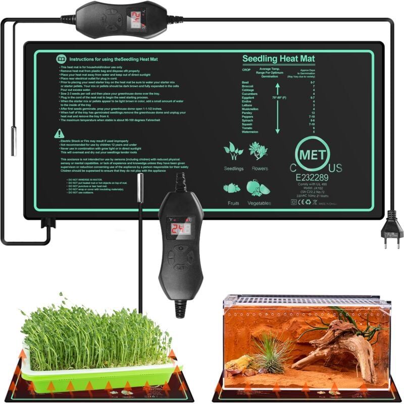 Tapis chauffant pour plantes avec thermostat : 10 x 20,75 pouces, tapis chauffant sûr pour plantes, 50 W, tapis chauffant durable pour plantes, serre