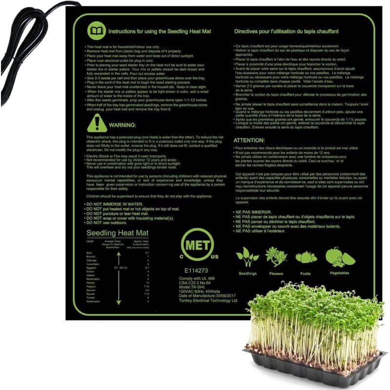 Tapis Chauffant pour Semis & Bouturages, Tapis Chauffant Intérieur Accessoire Serre Jarden Pot de Germination,Coussin de Chauffage Hydroponique