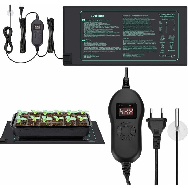 Tapis chauffant, Tapis chauffant pour semis avec thermostat et sonde NTC, Étanche IP67, 30 Watts, Idéal pour les plantations d'intérieur, Brassage à