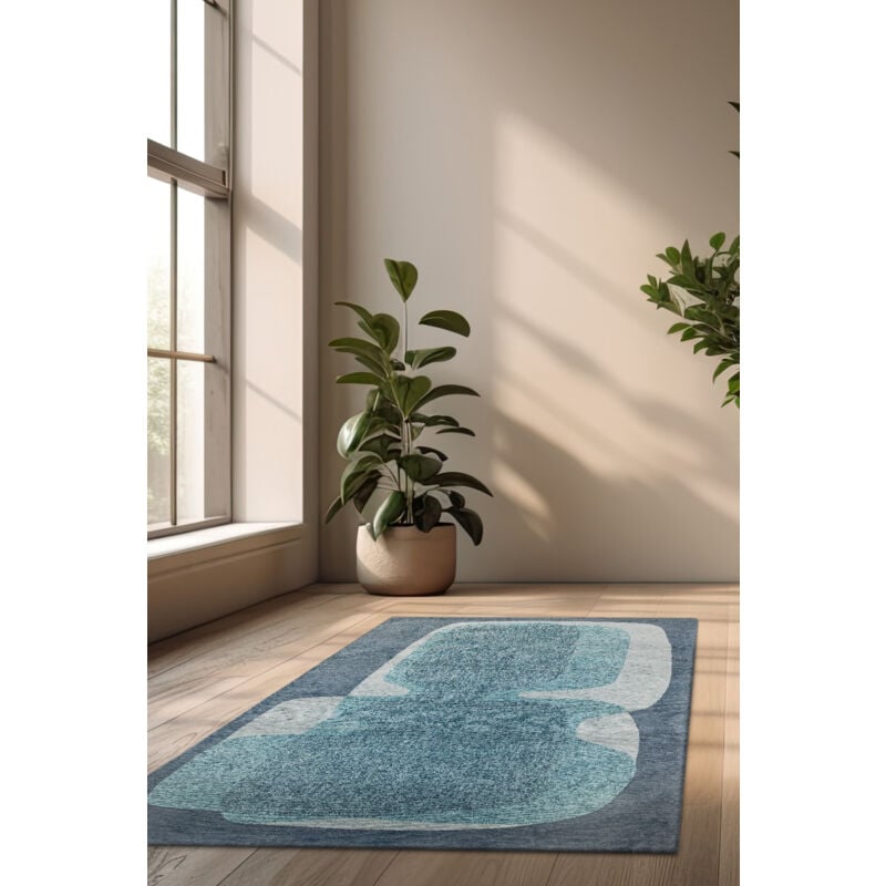 Beneffito - Tapis - Collection Poum Poum Clear Sky - Tapis - Bleu - 80x150cm - Tapis à Motifs, Finition Artisanale, Tissage en Belgique - Tapis de