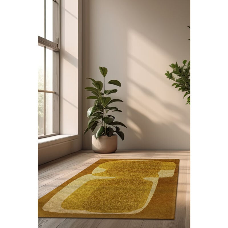 Beneffito - Tapis - Collection Poum Poum Curry - Tapis - Jaune - 80x150cm - Tapis à Motifs, Finition Artisanale, Tissage en Belgique - Tapis de