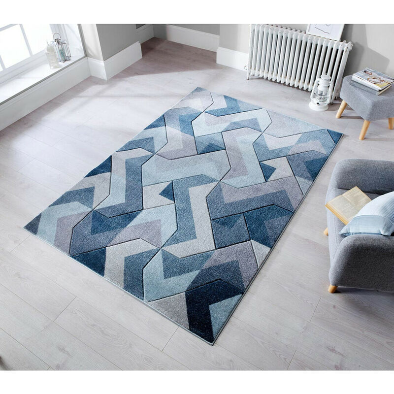 Flair Rugs - Tapis contemporain effet 3D graphique pour salon Aurora Bleu jeans 120x170