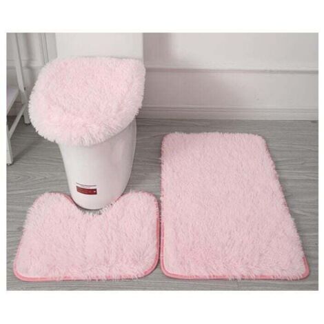 Tapis contour WC Lot de 3 tapis de salle de bain doux en microfibre - Antidérapants - Avec revers clouté en flanelle PVC - Tapis de bain + tapis contour WC + housse pour abattant - Rose