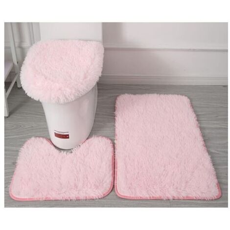 Tapis contour WC　Lot de 3 tapis de salle de bain doux en microfibre - Antidérapants - Avec revers clouté en flanelle PVC - Tapis de bain + tapis contour WC + housse pour abattant - Rose-RAPANDA